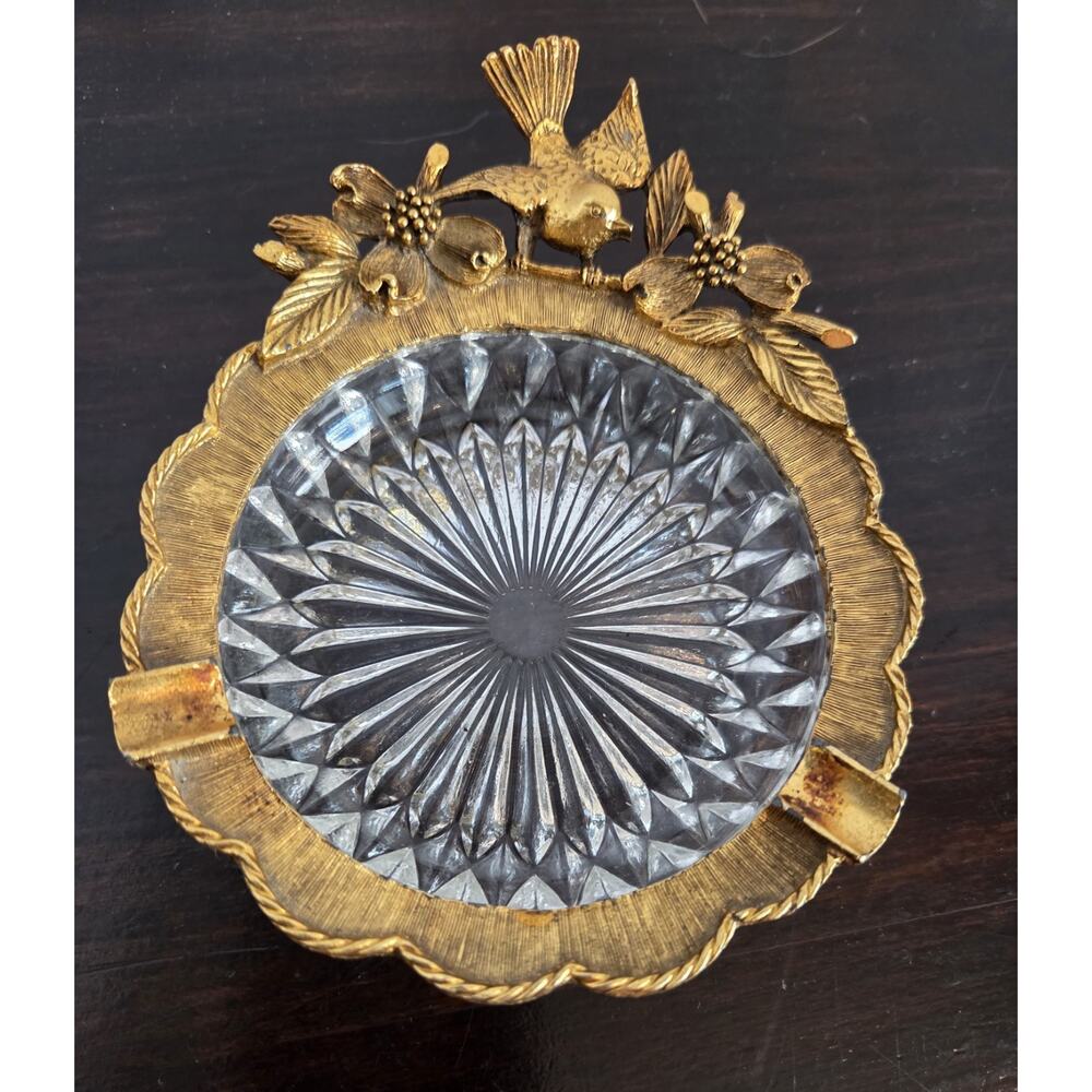 Matson Bronze Robin Dogwood Crest Crystal Ashtray Mid-Century Hollywood Regency